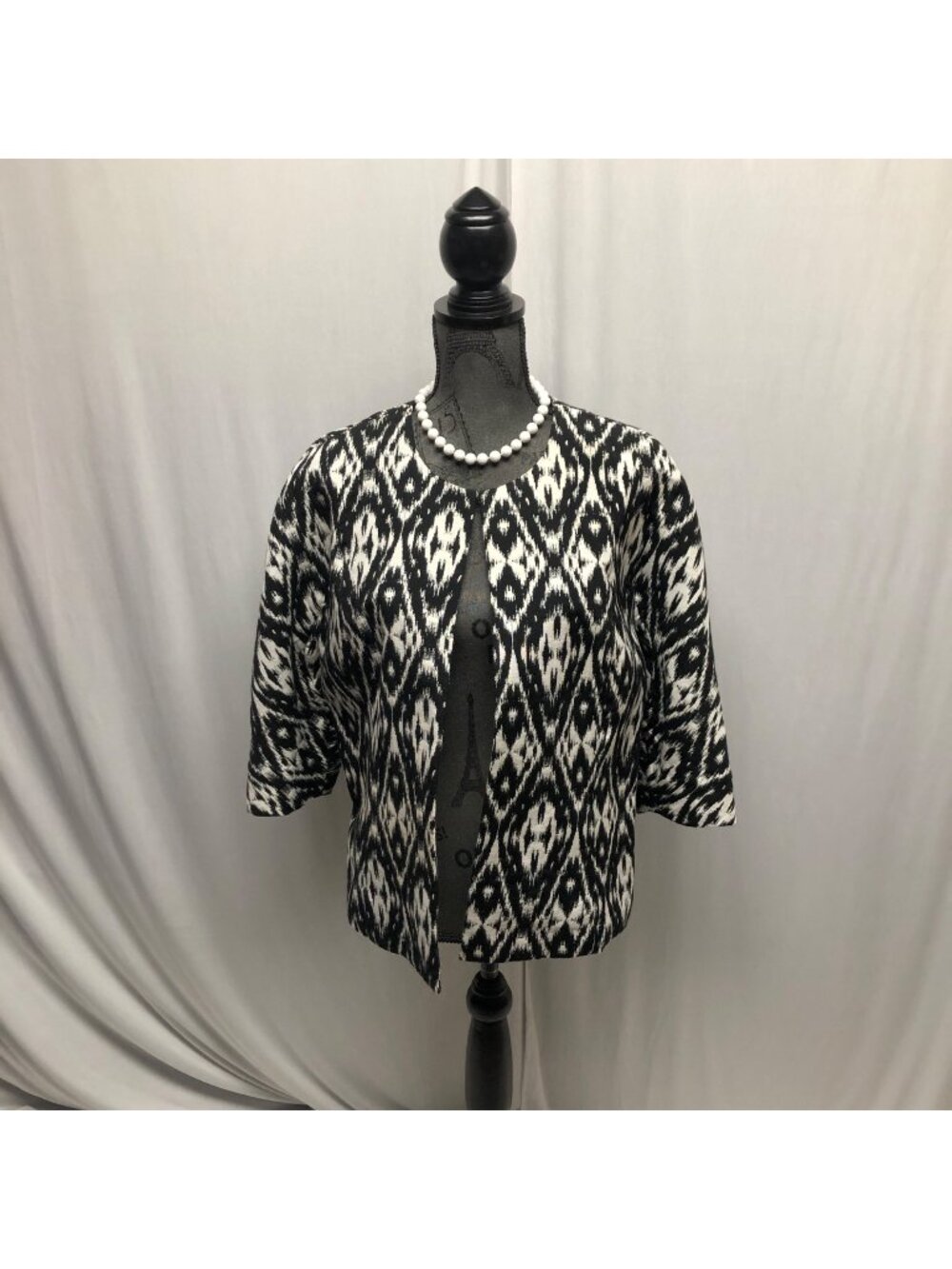 Peter Nygard Blazer Womens Size 16 Black White Ikat Print Open Front Jacket